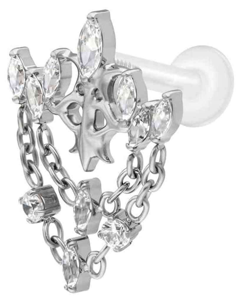 Ohrpiercing, Nasenpiercing PTFE Labret mit Innengewinde + Titan-Aufsatz GOTISCHE KRONE + KETTEN Silber Stablänge: 10mm | Stabstärke: 1,6mm