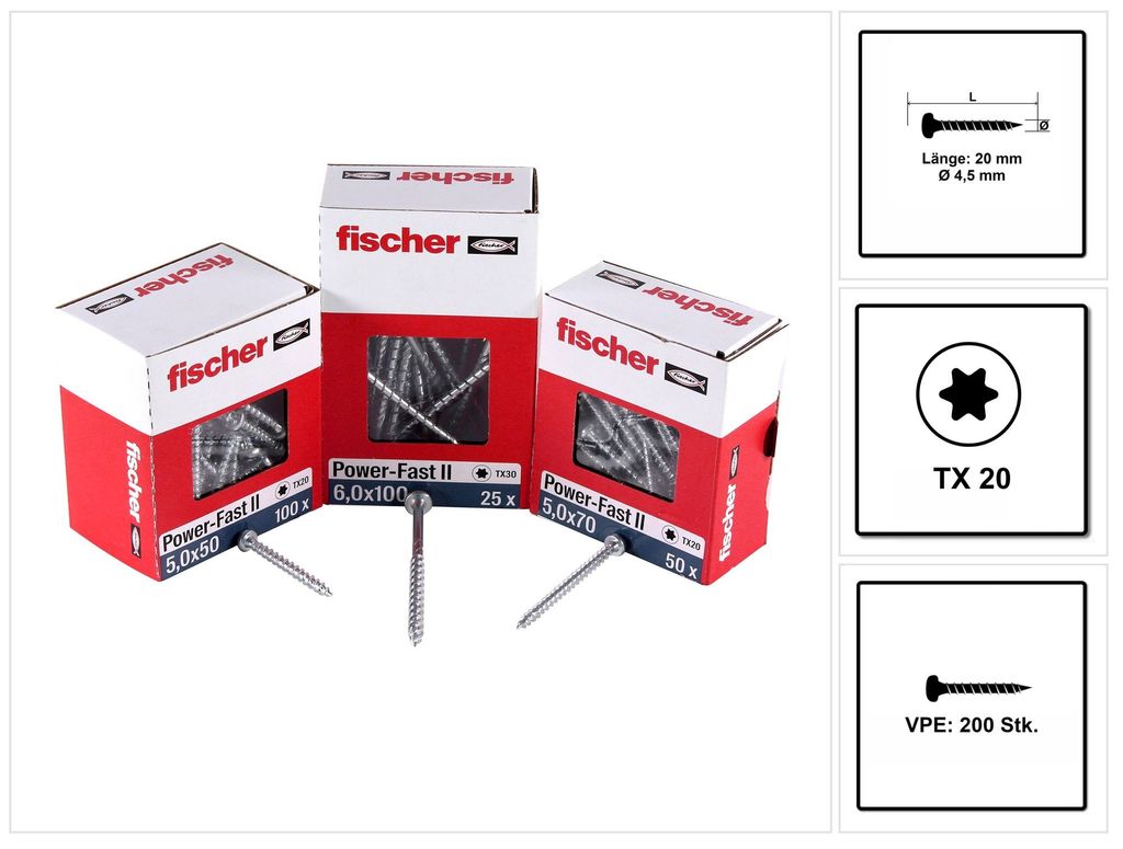 Fischer Spanplattenschraube 4,5x20 PowerFast FPF II PTF BC, Panhead, Innenstern TX, Vollgewinde