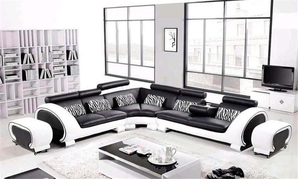 Ecksofa L-Form 2x Hocker Sofa Couch Design Grau Polster Leder Moderne Sofas Neu