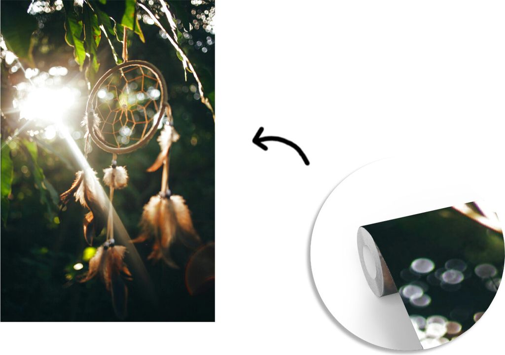 MuchoWow Fototapete für Wohnzimmer oder Schlafzimmer Wandtapete Vinyl Motivtapete Ein Traumfänger im Wald - 150x220 cm - Wandbilder