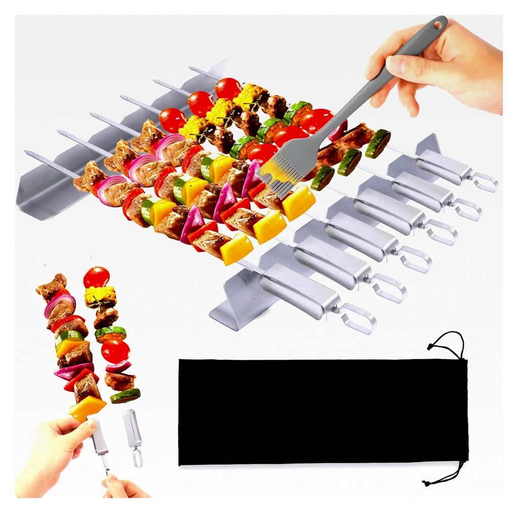Edelstahl Grillspieße Set mit Kabob Rack, Wiederverwendbare Grillspieße mit Bürste und Aufbewahrungstasche, Set von 10
