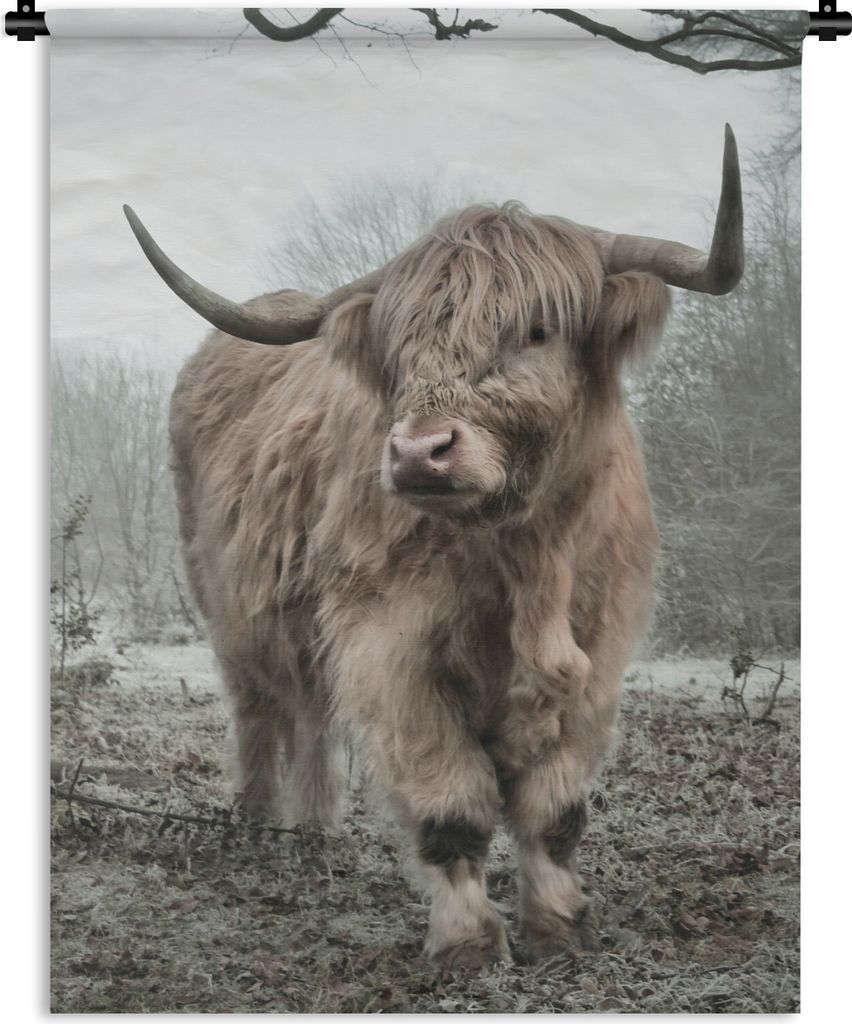 MuchoWow Wandteppich Wandbehang Schottischer Highlander - Wald - Nebel - Kuh - Tiere - Natur 150x200 cm Tapisserie Dekoration Wandtuch - Wandaufh...