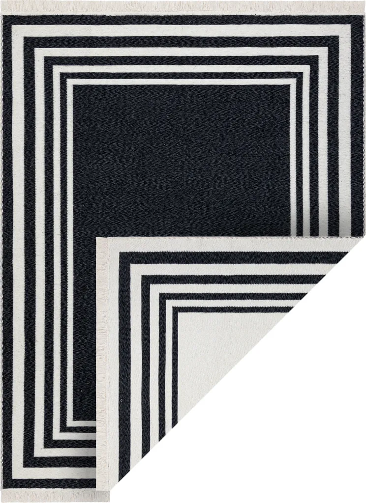 Tapis de salon noir et crème réversible 80x150 coton motif moderne