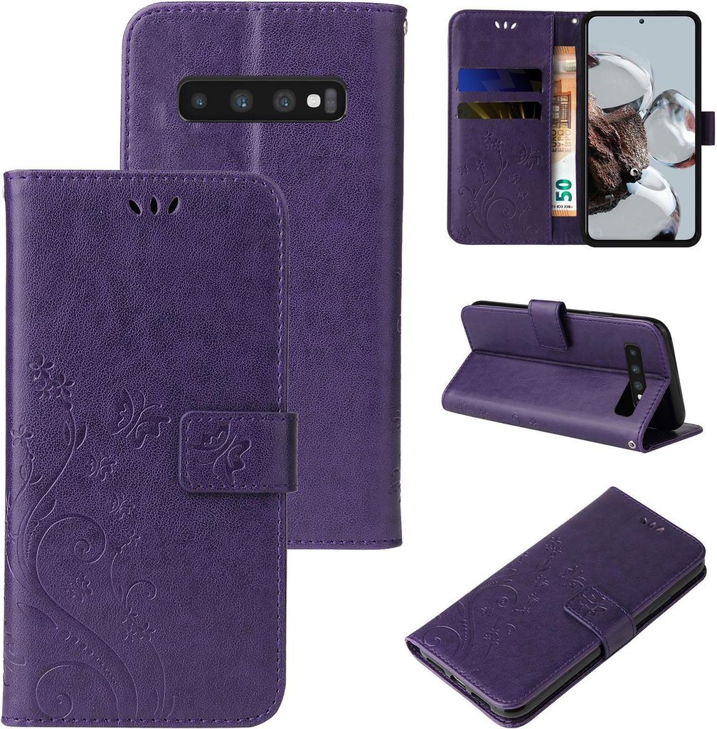 Handyhülle für Samsung Galaxy S10+ Floral Blumen Schmetterling Flip Cover Hülle Case Klapphülle Handytasche Farbe: Violett