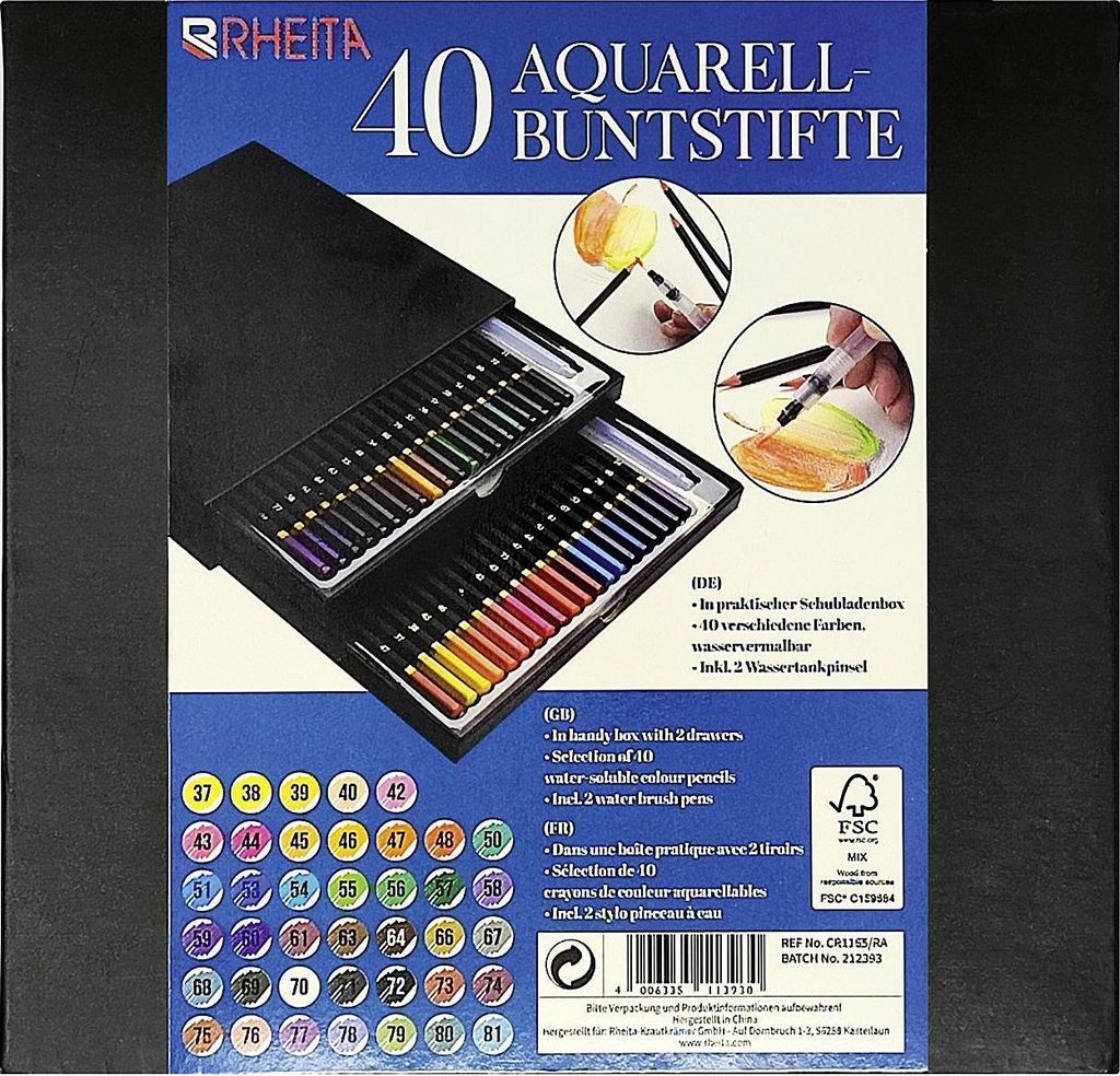 40 Aquarell-Buntstifte in Schubladen-Box inklusive 2 Pinselstifte
