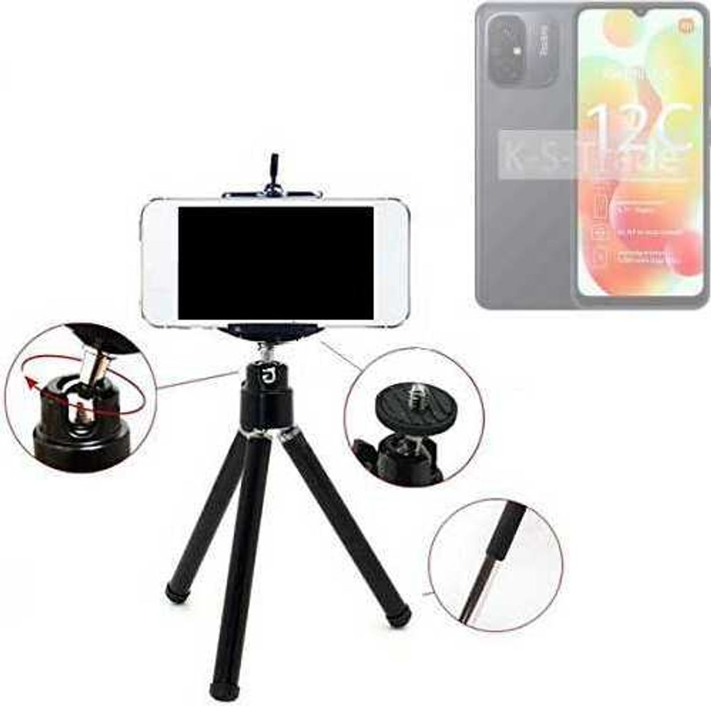 K-S-Trade Smartphone Stativ Dreibein kompatibel mit Xiaomi Redmi 12C Tripod aus Aluminium Klemmstativ Stativ Adapter für Mobiltelefone schwarz 1x