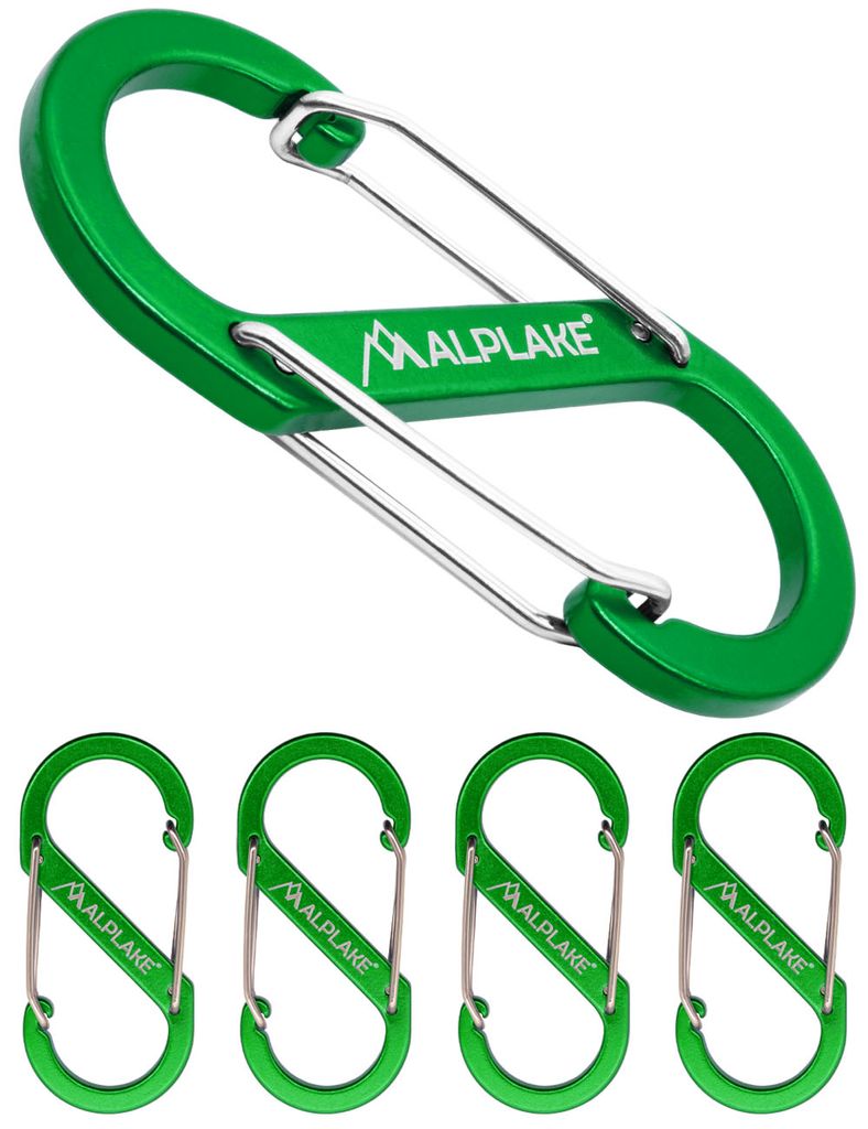 ALPLAKE - 4 Stück Material-Karabiner, Doppel-Karabiner, Micro-Karabiner, S-Form, 88x40mm, grün