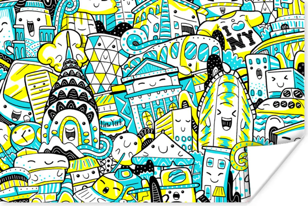 MuchoWow Poster New York - Blau - Gelb 60x40 cm - Schlafzimmerdekoration