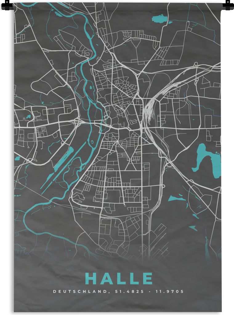 MuchoWow Wandteppich Wandbehang Stadtplan - Deutschland - Blau - Halle - Karte 120x180 cm Tapisserie Dekoration Wandtuch - Schlafzimmer - Dekorat...