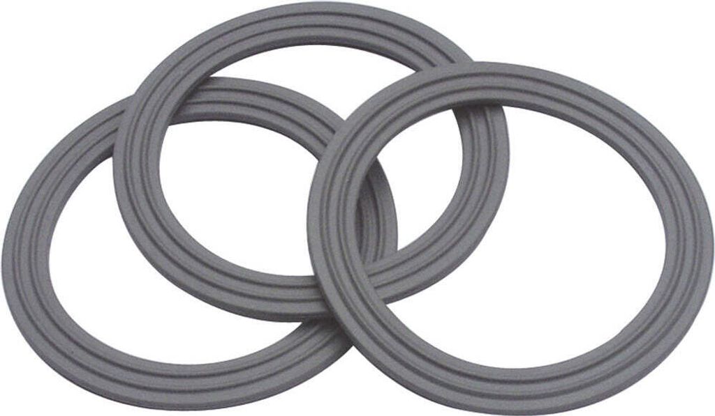 Three gray blender sealing rings are arranged in a triangular formation, overlapping each other.