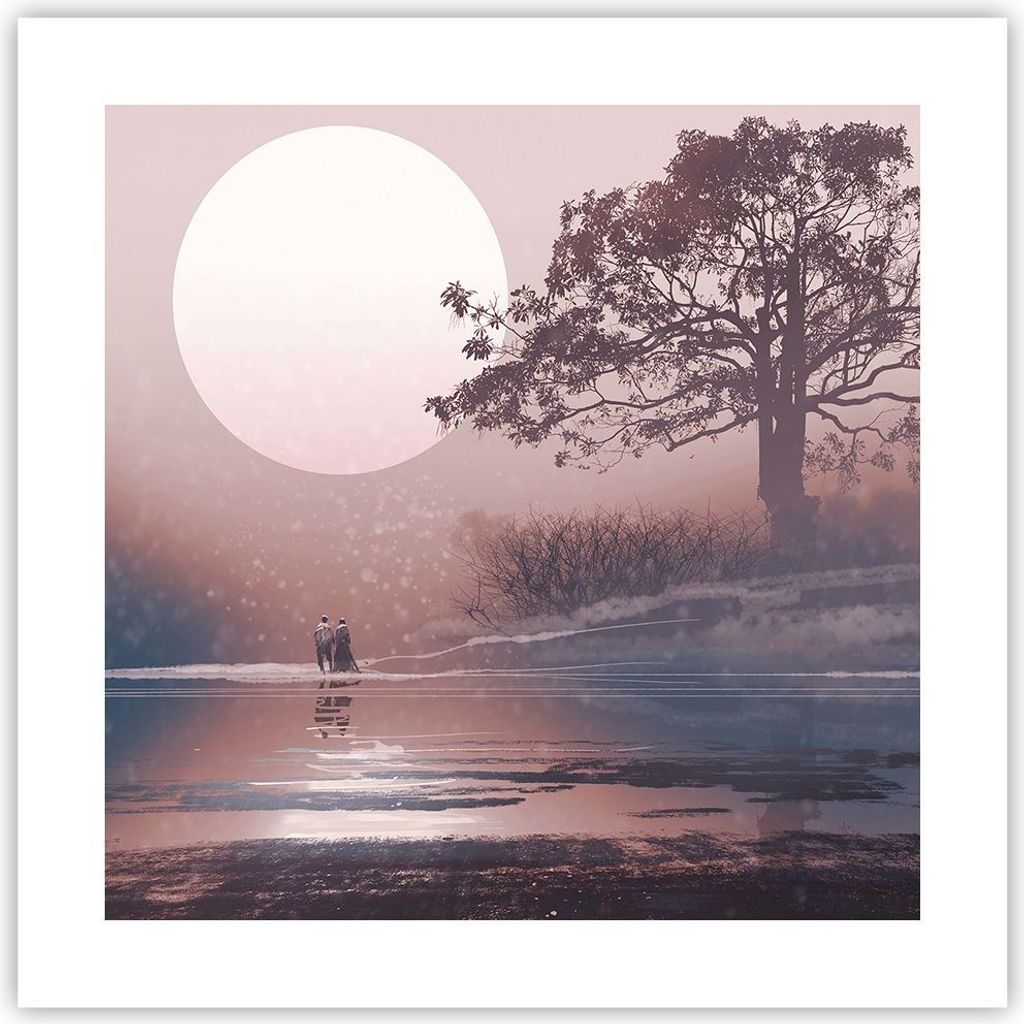 Poster - Poster ohne Rahmen - Mond Paar Baum - 40x40 cm - Wand Bild - Wanddeko - Wandbilder - Kunstposter - Wandposter - Bilder - Kunstdruck - Wand...