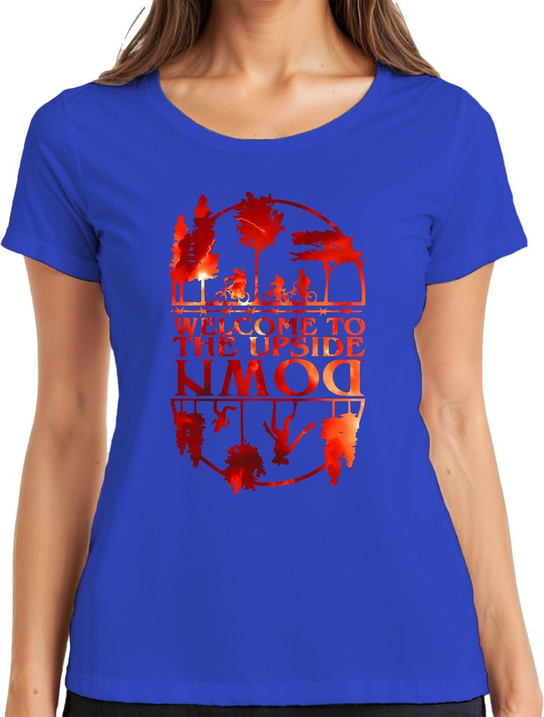 Welcome To The Upside Down Sci Fi 80er Retro Horror Stranger Damen T-Shirt, Blau, XXL