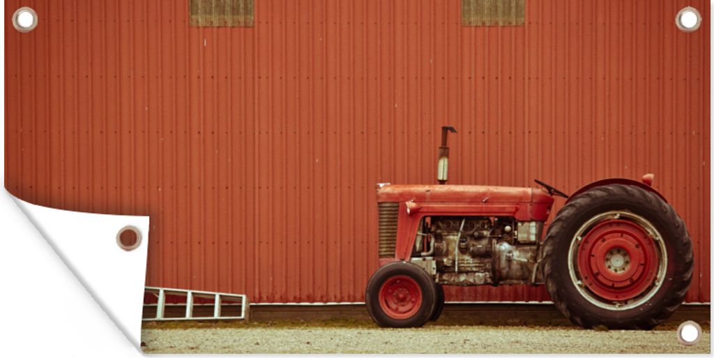 MuchoWow 60x30 cm Outdoor-Poster Gartendeko Sichtschutz Garten Poster für den Garten Traktor - Scheune - Rot - Bauernhof