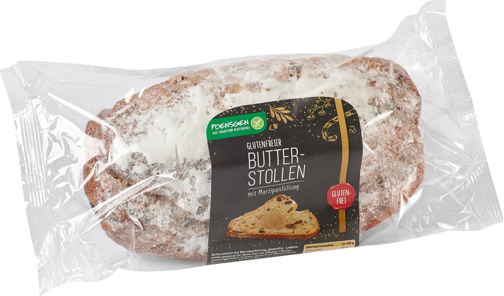 A gluten-free butter stollen with marzipan filling, packaged in clear plastic.