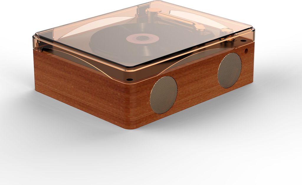 A 3D rendering of a retro-style CD player with a wooden base and a transparent lid.