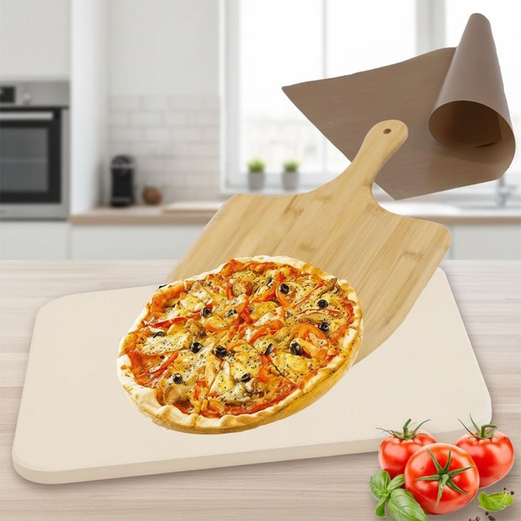 Pizzastein 30x38 cm Set 4?teilig Cordierit mit Schaufel & Produktbild 