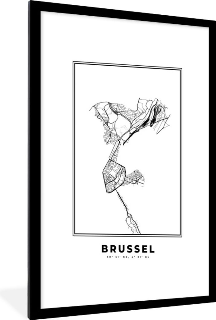 MuchoWow Gerahmtes Poster Stadtplan - Schwarz und weiß - Karte - Brüssel - Belgien - Karte 60x90 cm - Poster mit Schwarzem Bilderrahmen Wandpos...
