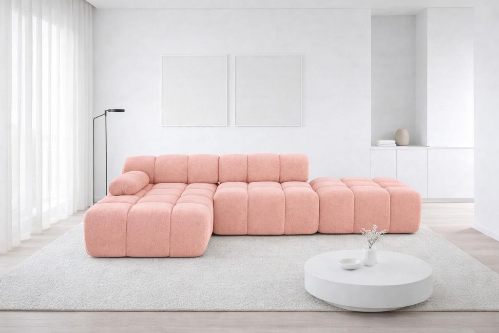 Kaiser Möbel Ecksofa modular mit Hocker, Sofa L-Form, Veloursstoff Salvador, Rosa, Links, Selia