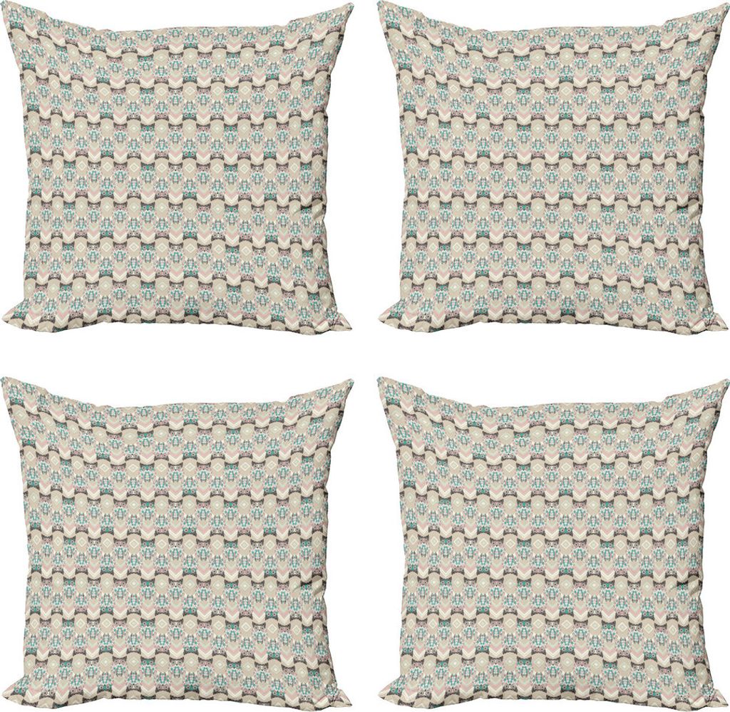 ABAKUHAUS Eulen Kissenbezug Set (4 Stück), Einheimische Geometric Zigzag, Moderner Doppelseitiger Digitaldruck, 50 cm x 50 cm, Tan Türkis Hellrosa