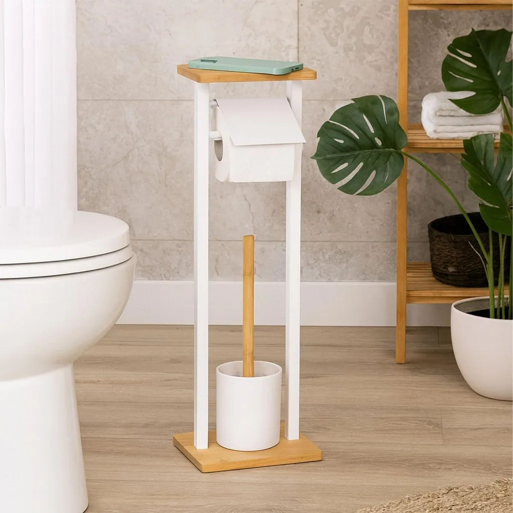 Ensemble WC avec étagère en bambou - Porte-papier toilette autoportant