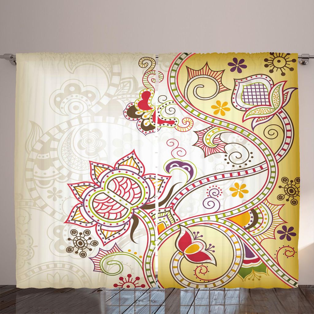 ARANDE Blumen Gardine, Asiatische orientalische Blumen-Verzierungs-Muster Curvy wirbelte abstrakten Entwurfs-bunte Kunst, 280 x 245 cm, Mehrfarbig