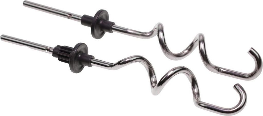 Two dough hooks for a stand mixer are shown against a white background.