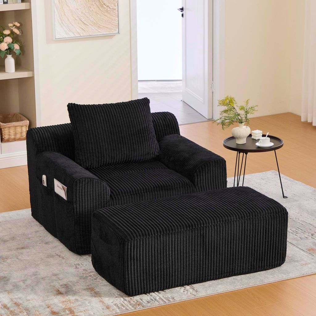 MODFU Sofasessel Relaxsofa mit Seitentaschen und Kissen,Loungesofa Steigbügeln,Lesesessel keine Montage,Sessel gepolstert ohne Knochen,Schwarz