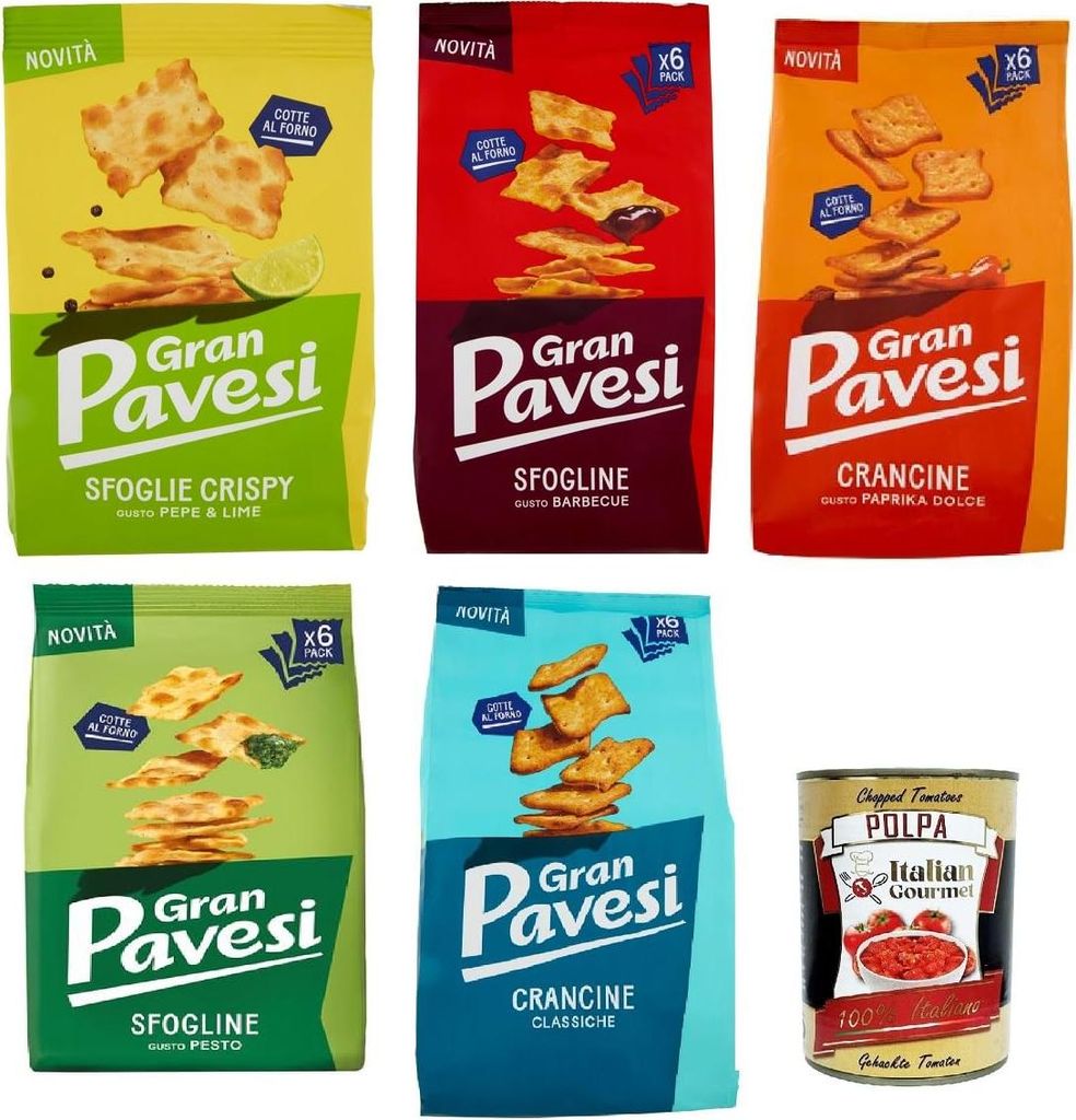Gram Pavesi Testpaket Sfogline & Crancine Knuspriger Blätterteig-Snack 4x 180gr 1x 150gr + Italian Gourmet Polpa di Pomodoro 400g
