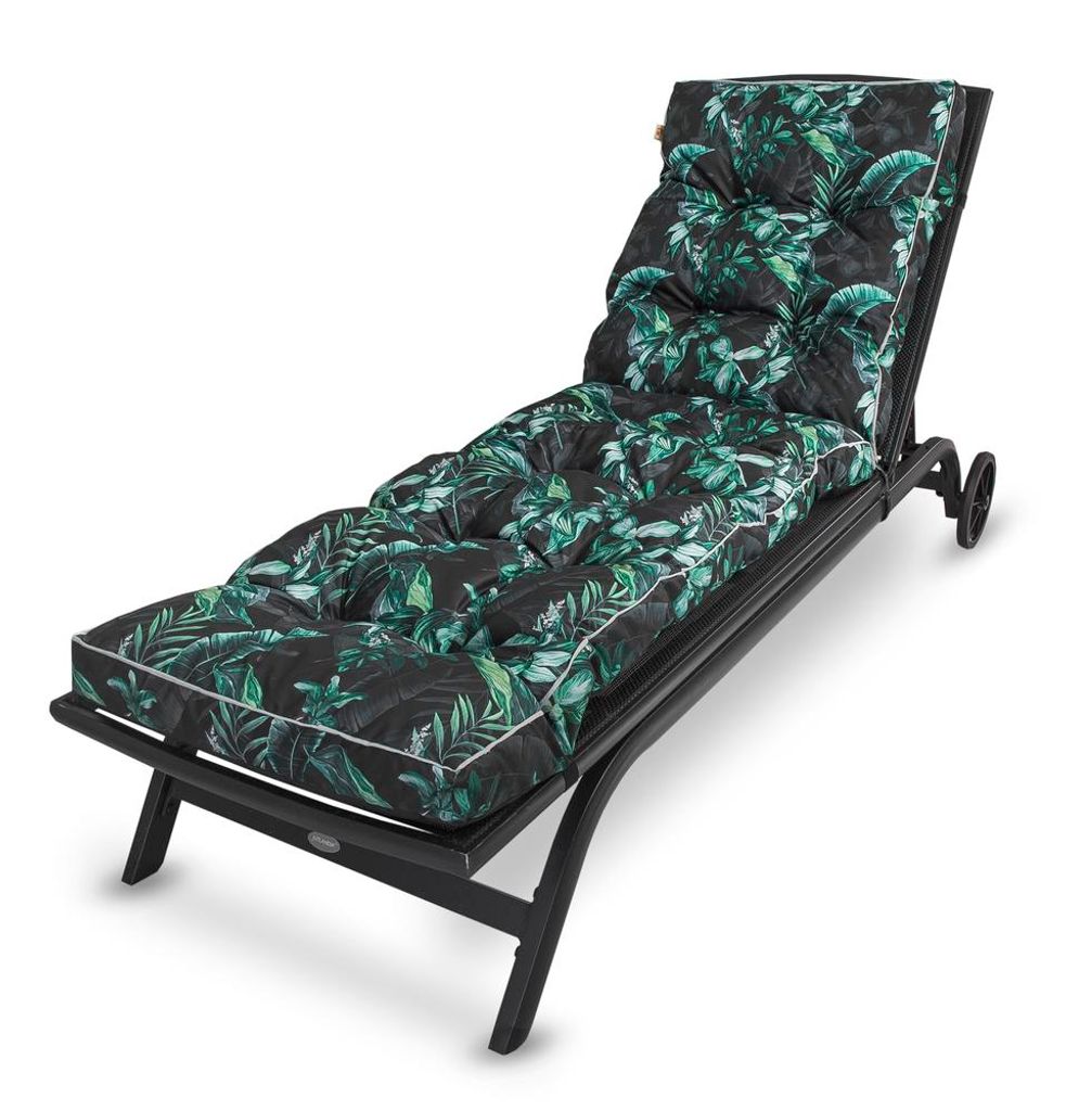 A black chaise lounge with a green leaf patterned cushion, shown on a white background.