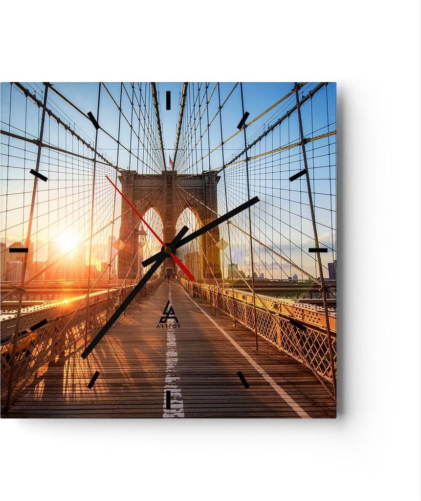 Wanduhr - Quadrat - Glasuhr - New York Brücke - 30x30cm - Schleichendes Uhrwerk - Lautlos - zum Aufhängen bereit - Dekoration Modern - Wanddekora...