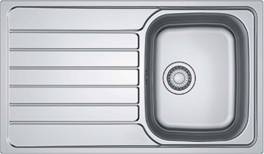 A top-down view of a stainless steel kitchen sink with a drainboard.