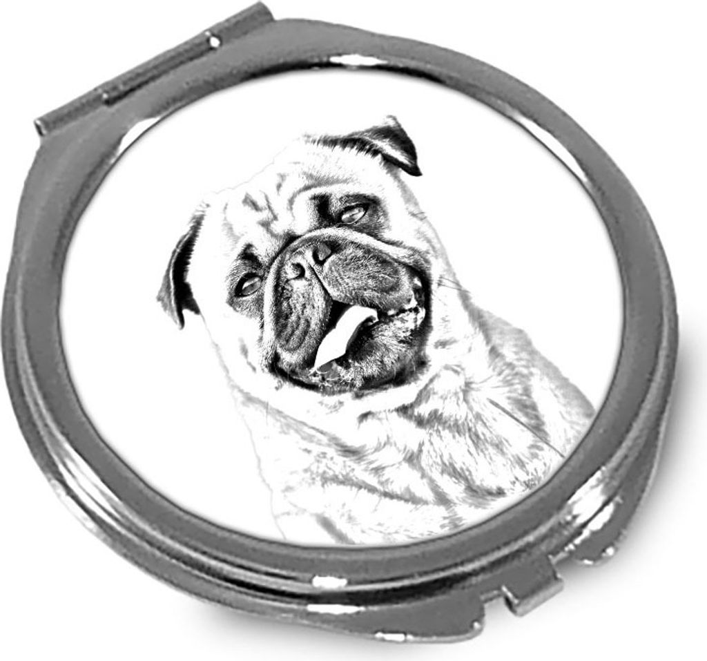 Mops, Pug, Carlin, Carlino, Doguillo - Taschenspiegel mit Hund, personalisierter Taschenspiegel, kompakter Spiegel mit Art-Dog-Logo