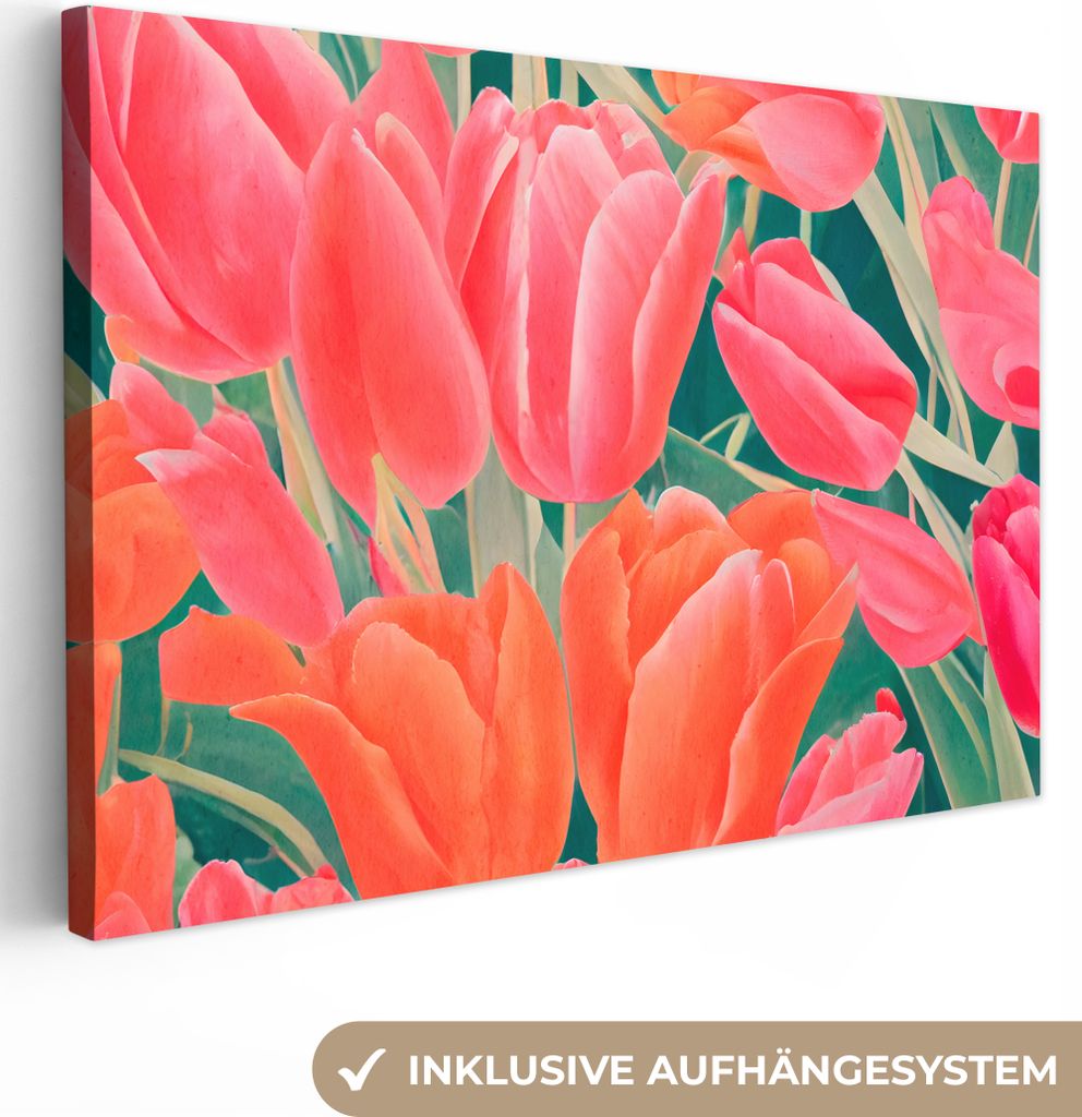 OneMillionCanvasses - Leinwandbilder - 140x90 cm, Tulpen - Blumen - Rosa - Rot - Kunst, Wandbilder Kunstdruck Wanddekoration - Foto auf Leinwand ...