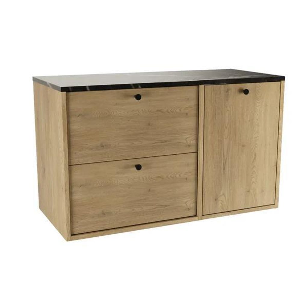 WENA Waschtischunterschrank 100 cm mit Wäschekorb gerade Fronten, Griffe aus Metall in der Farbe Schwarz Belino (Farbe: Eiche Cremona/Marmor Schwarz)