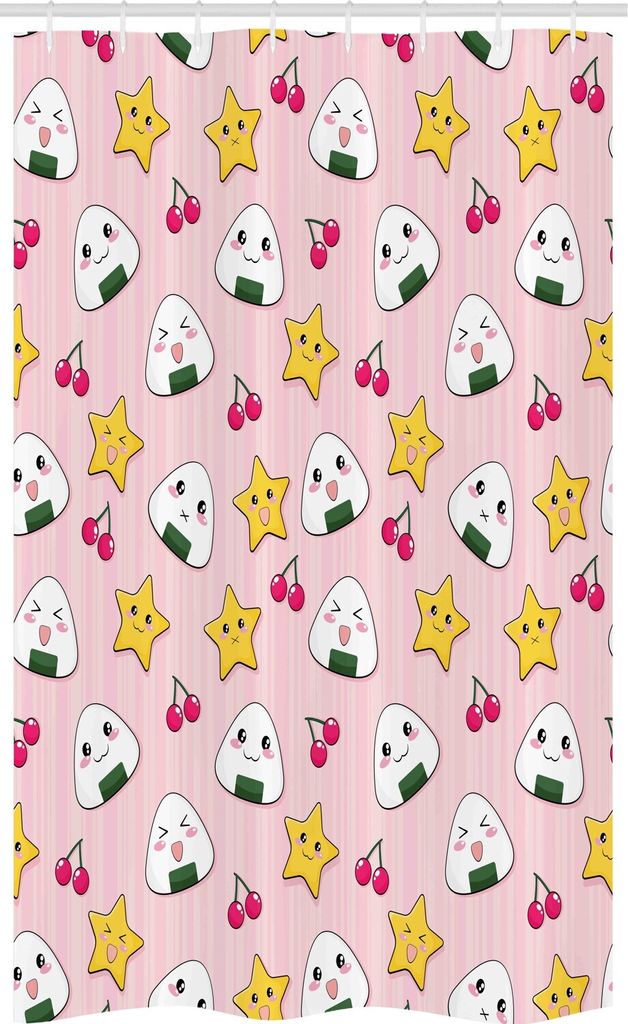 ABAKUHAUS Anime Schmaler Duschvorhang, Gestreifte Cartoon-Stil, Badezimmer Deko Set aus Stoff mit Haken, 120 x 180 cm, Weiß Gelb Rosa
