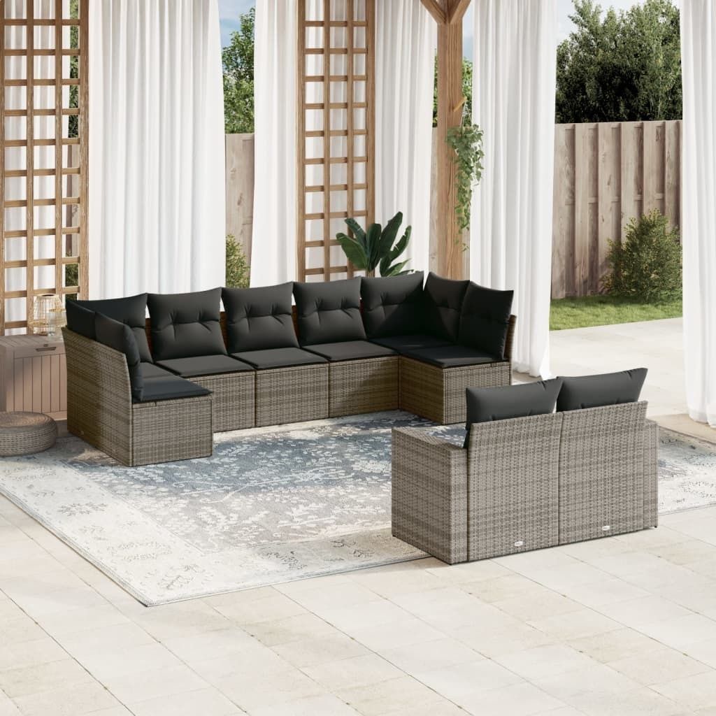 Design 9-tlg. Garten-Sofagarnitur mit Kissen Grau Poly Rattan, Gartenmöbel-Sets 2024 Neu