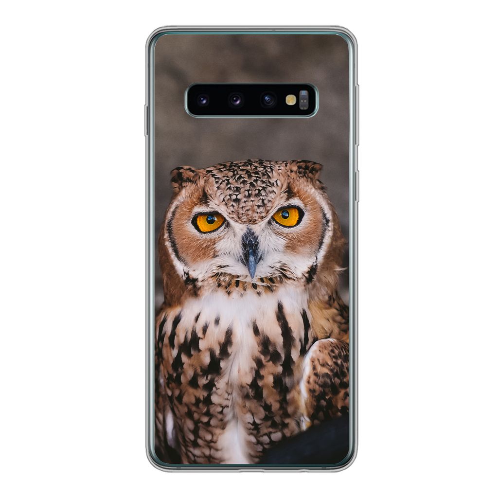 MuchoWow Handyhülle Schutzhülle Hülle für Samsung Galaxy S10 Braune Eule schaut direkt in die Kamera Silikon Softcase Handy Hülle - Handytasche