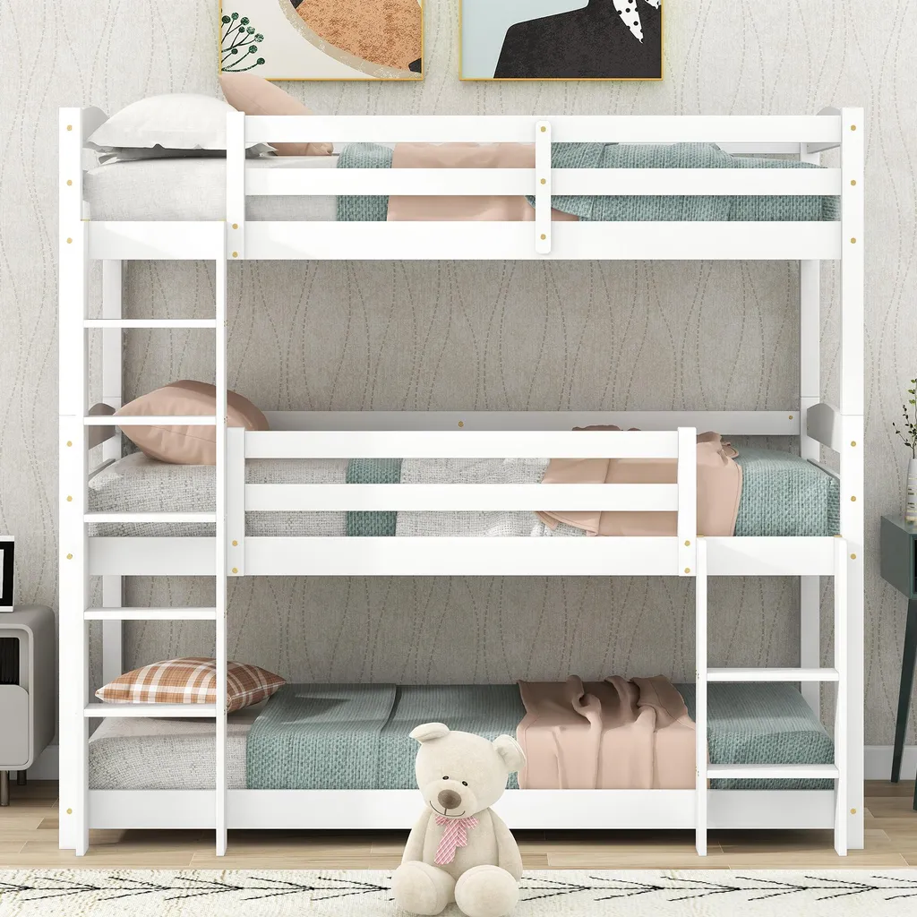Lit superposé Triple Gain de Place 90x200 cm Gris pour Chambre Enfant