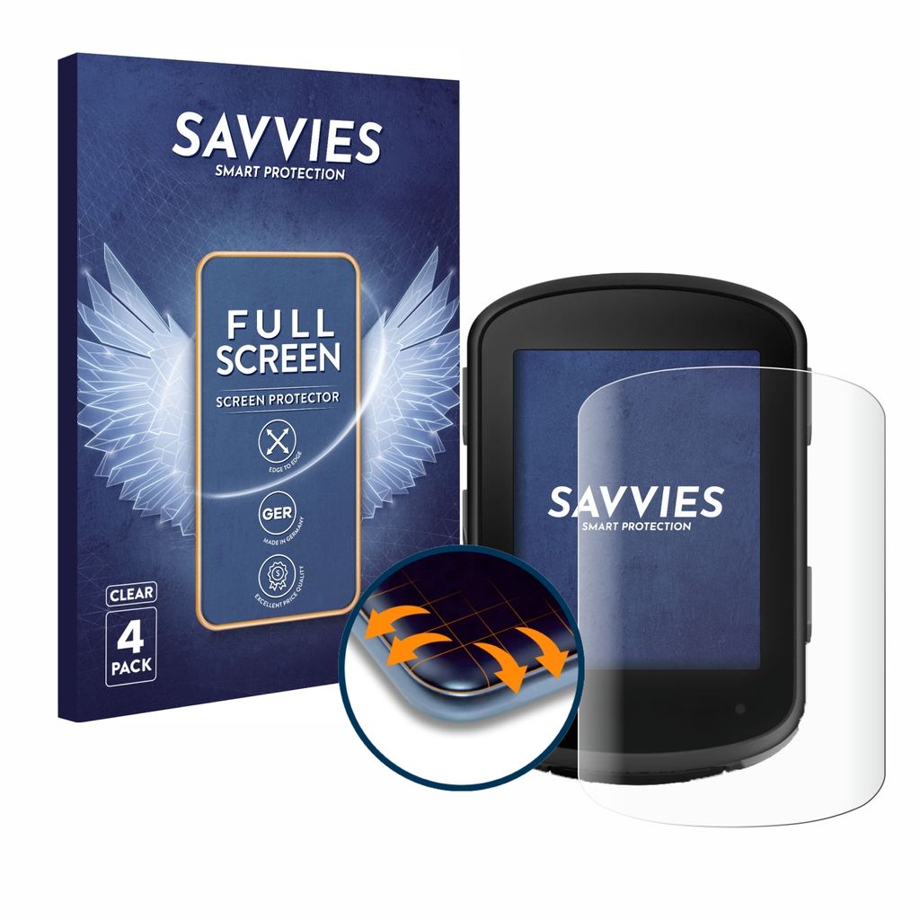4x Savvies Fullscreen Schutzfolie für Garmin Edge 540 / Edge 840 Displayschutz Folie Fullcover Klar Transparent