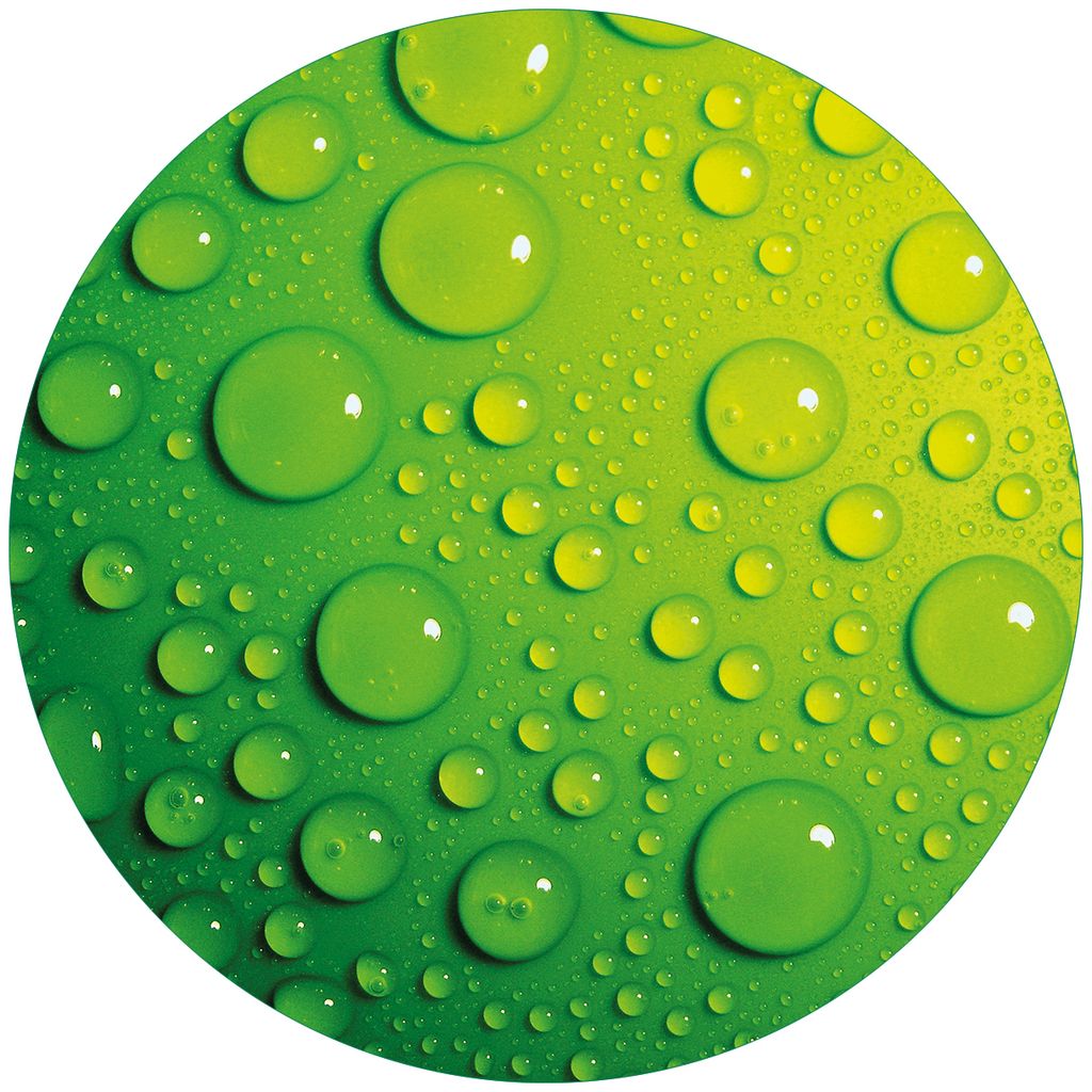 Wallario Premium Glasbild, freischwebende Optik, kräftige Farben, rund 50cm Durchmesser, Motiv Wassertropfen auf Grün