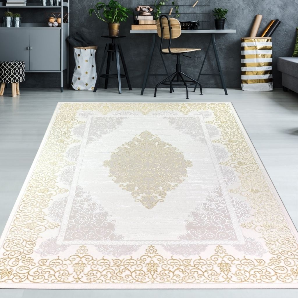 Designer Teppich mit Orientalischem Muster in weiß gold grau Größe - 140 x 200 cm