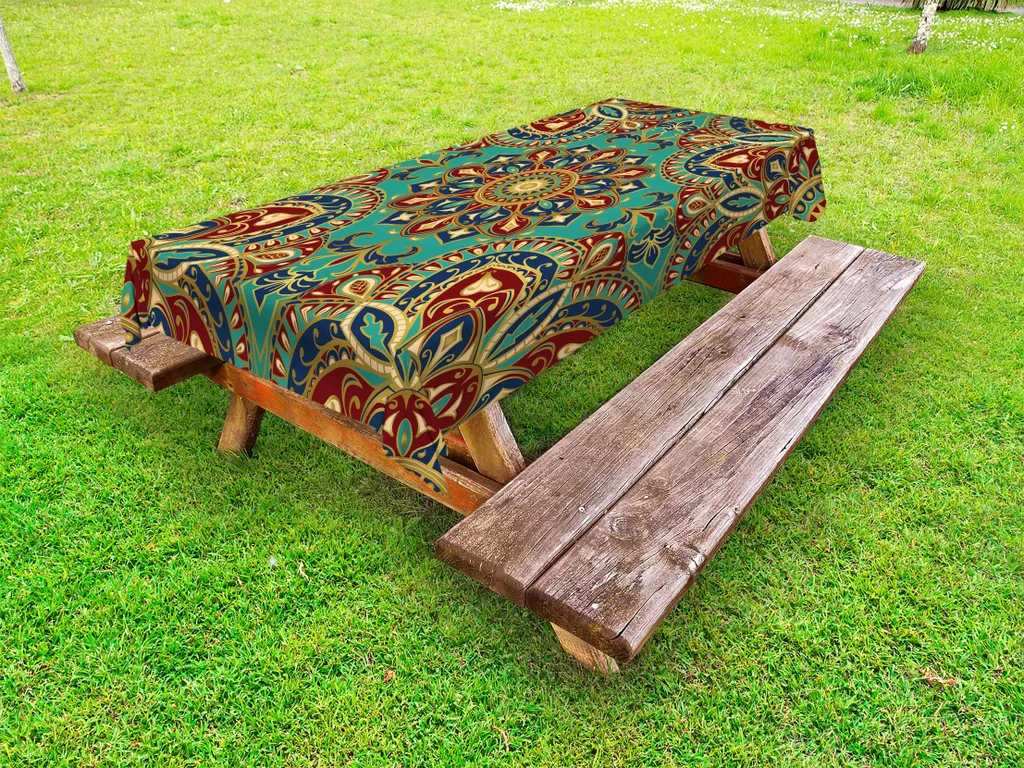 ABAKUHAUS Tovaglia Mandala Outdoor, motivo con stile mandala medievale orientale arabesco etnico orientale, verde acqua indaco rubino, 145x210 cm
