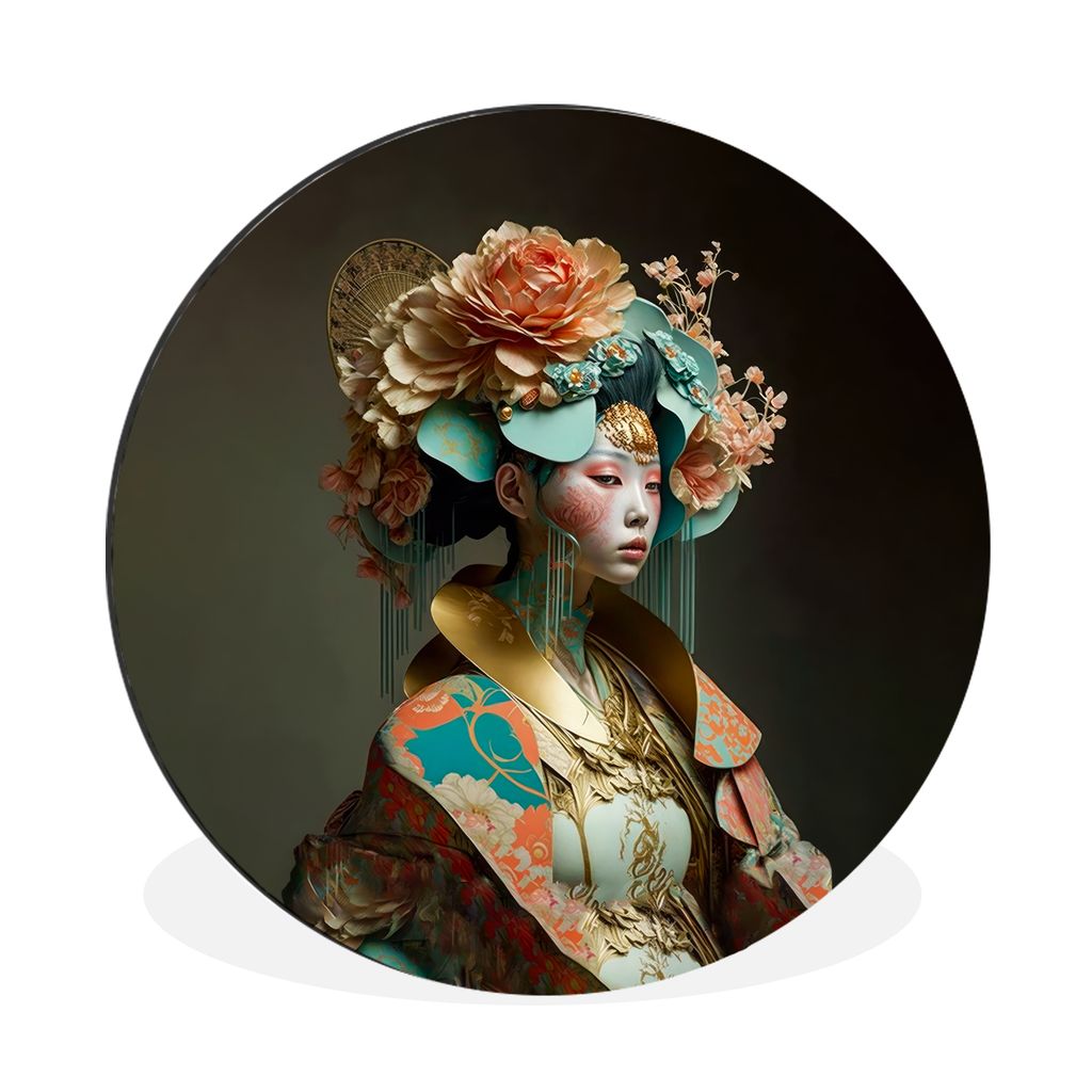 MuchoWow Aluminium Wandkreis Frau - Blumen - Orange - Porträt - Asiatisch Ø 90 cm Wanddeko Modern Wohnzimmer - Mauerkreis - Wandbilder - Runde ...