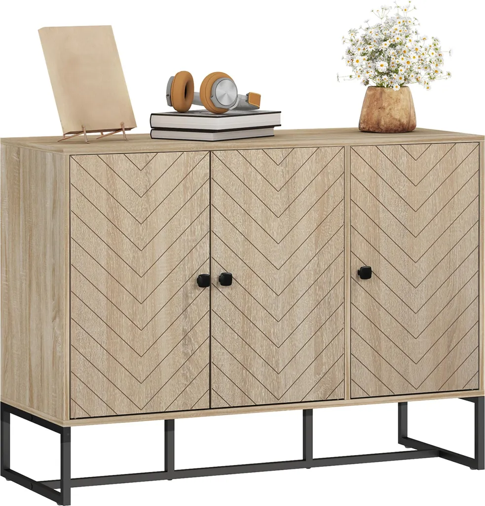 Meuble de Rangement Motif Chevron et Pieds Acier Buffet Chêne 108x40x80
