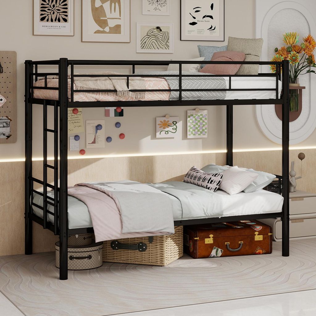 Etagenbett 90 x 190 cm Metallbett in Schwarz, mit Leiter Produktbild 