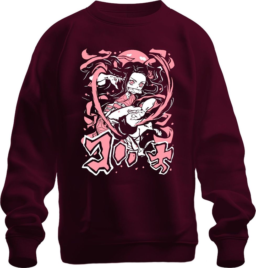 Nezuko Kimetsu no Yaiba Dämonenmädchen Bambus Kampfpose Rosa Uni Sweatshirt Pullover, Burgundy, L