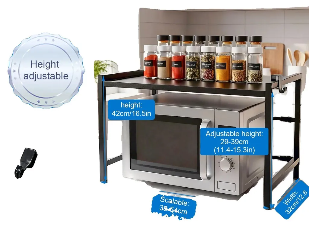 Support Micro-ondes Modulable et Robuste - Double Rangement Cuisine Noir