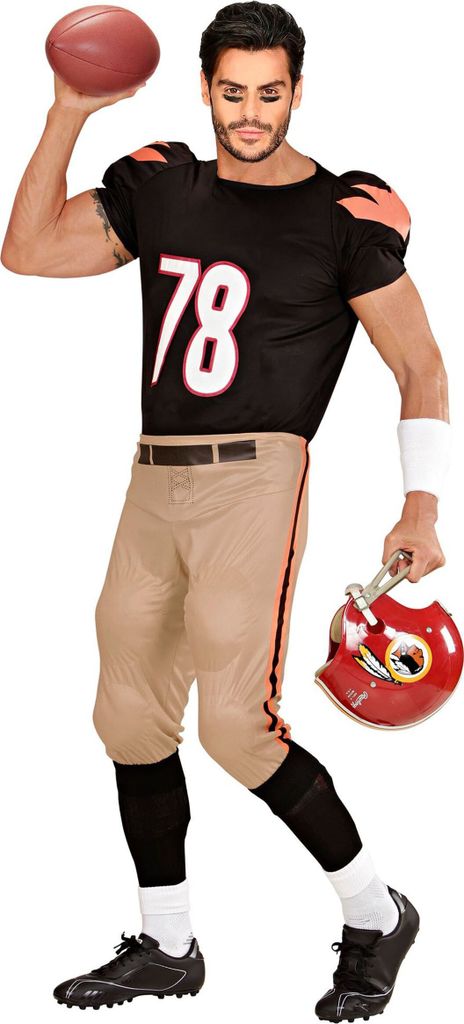 A man dressed in a football costume holding a football and a helmet.
