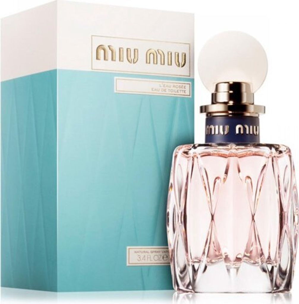 A bottle of Miu Miu L'Eau Rosée Eau de Toilette and its packaging are displayed against a white background.