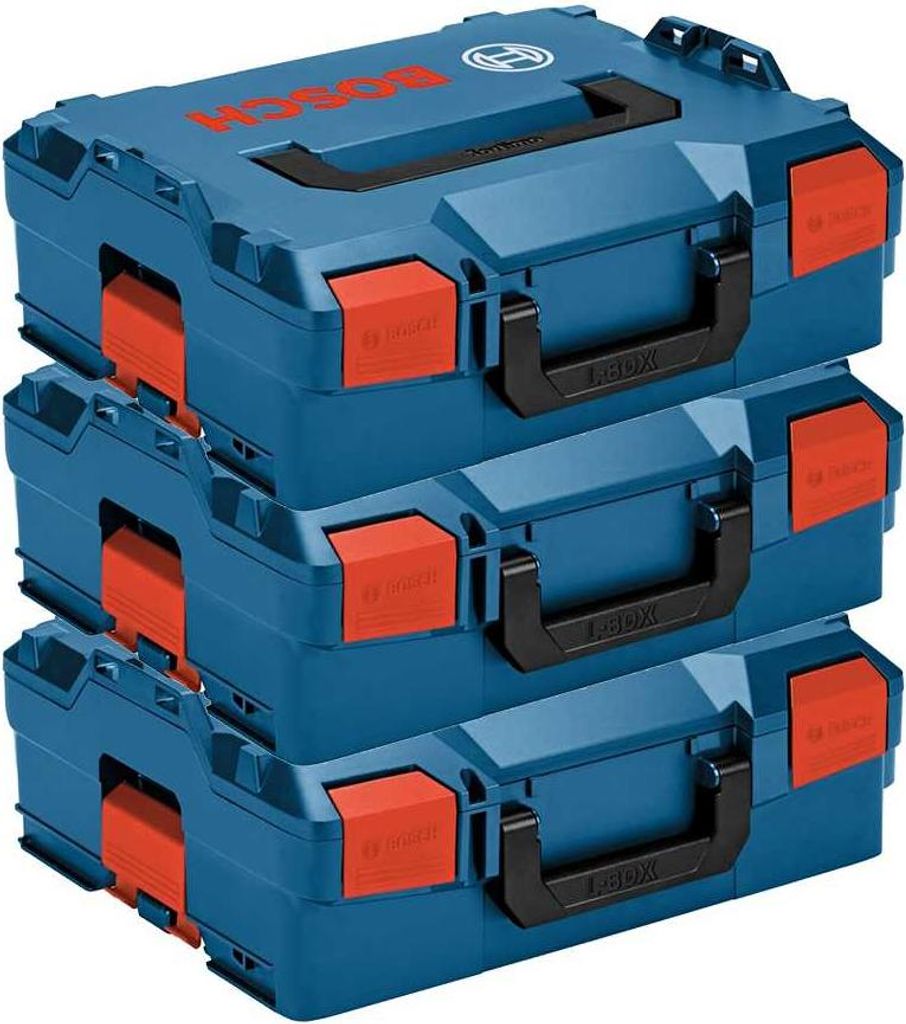 Three stacked blue toolboxes with orange latches and black handles.